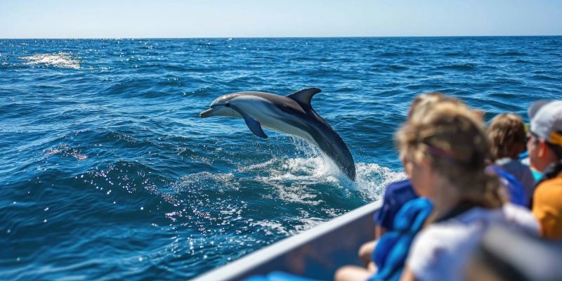 Dolphins jump from the water near boat