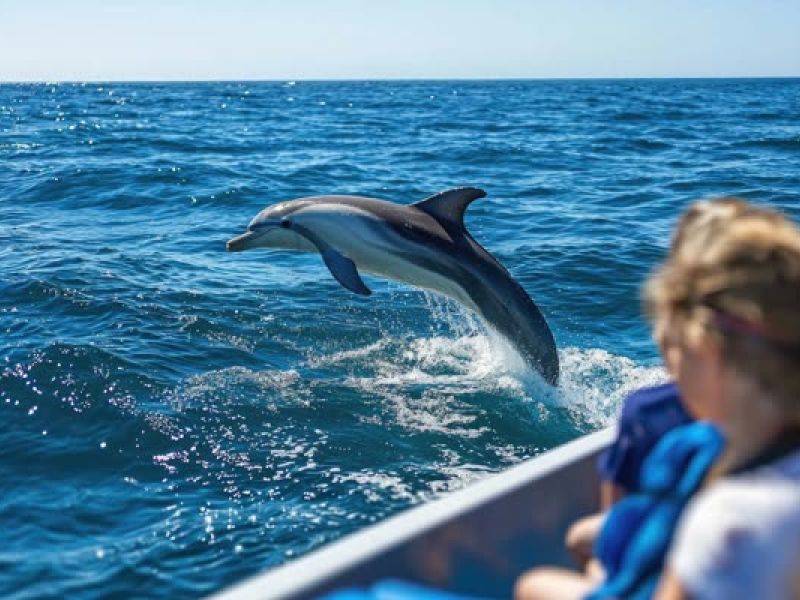 Dolphins jumping from water near tour boat with passengers