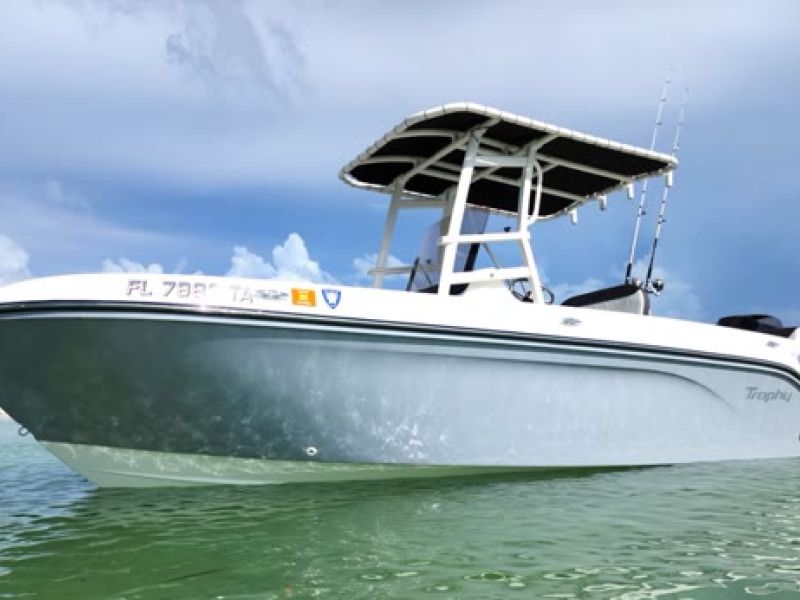 White motorboat with canopy moored in clear shallow water