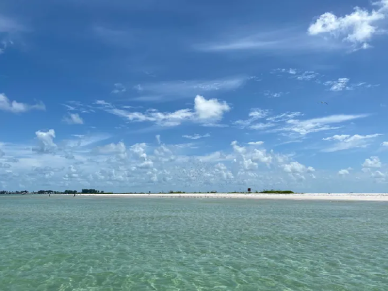 White sandbar surrounded by turquoise tropical water