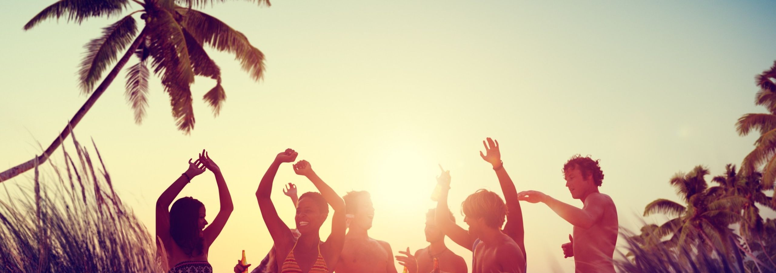 Silhouettes of people celebrating with arms raised at sunset