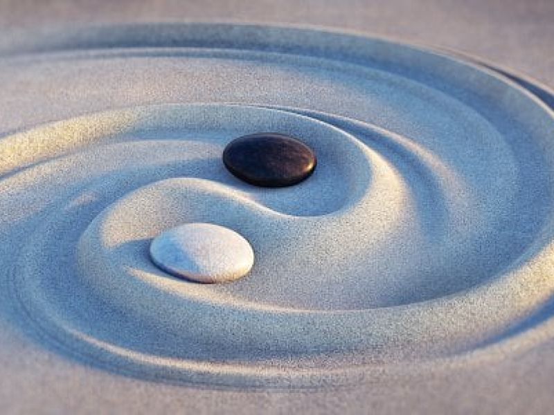 Zen garden with raked sand and stones