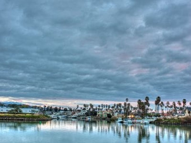 Waterfront town with palm trees at twilight