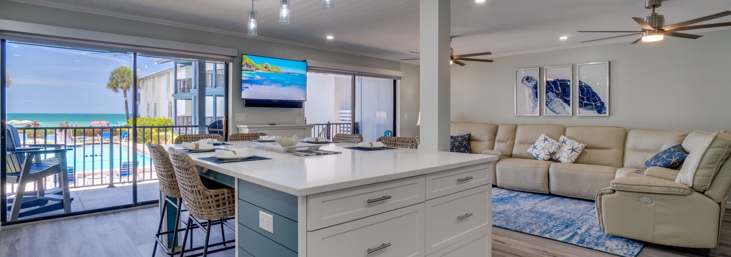 Kitchen and living area with ocean view in vacation home