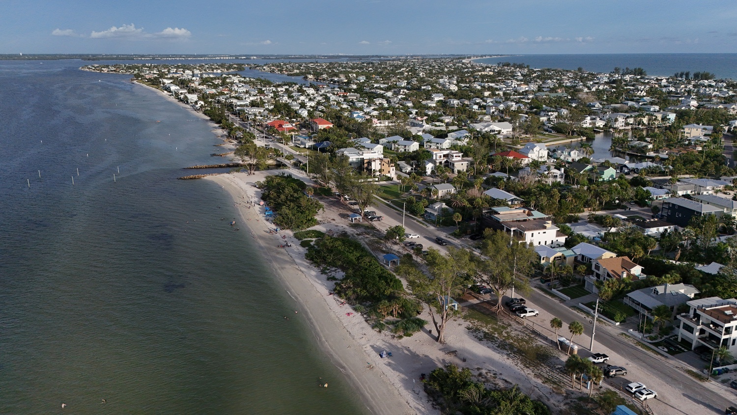 Aerial view of Anna Maria Island coastline and homes