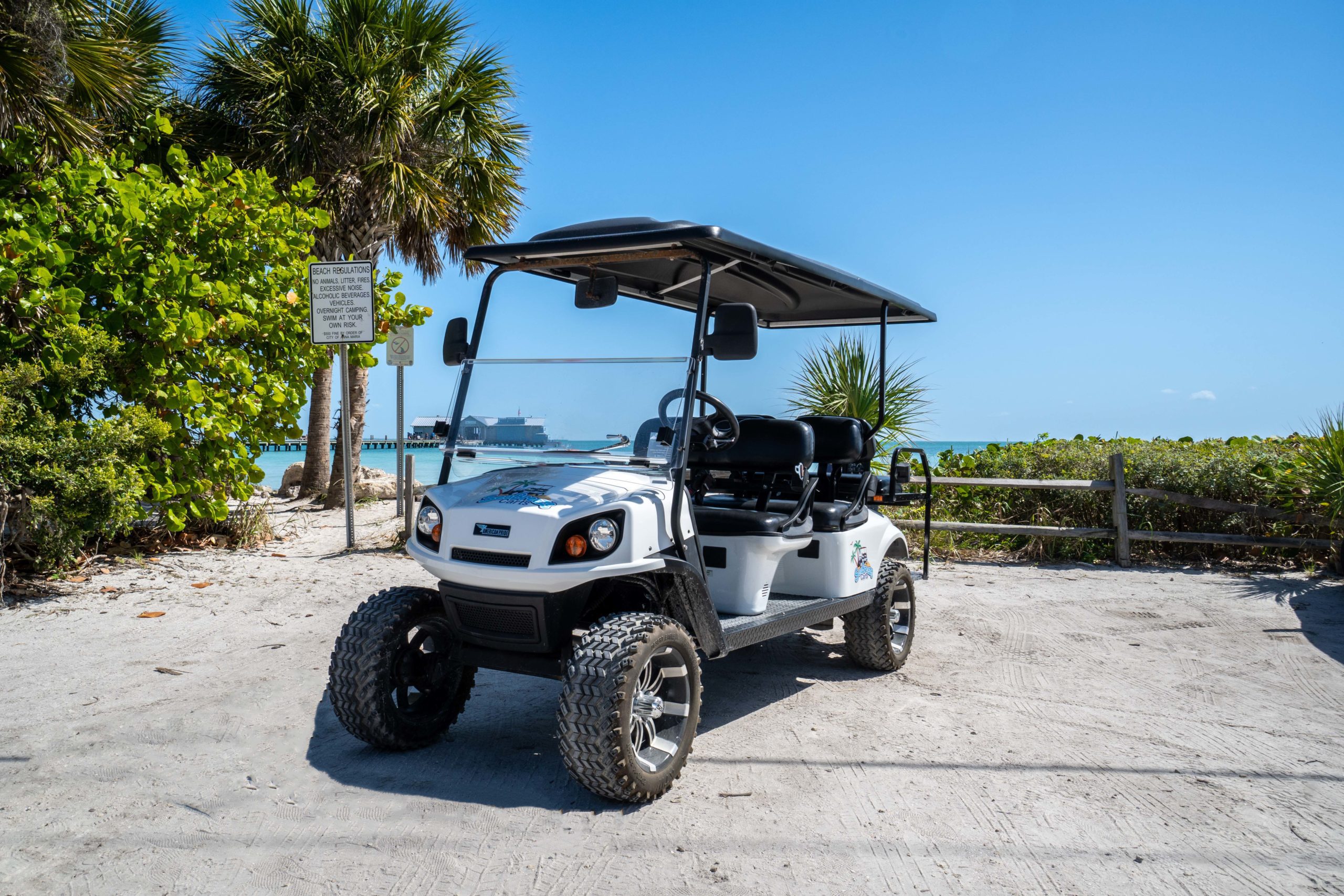 Golf cart parked among palm trees at vacation resort