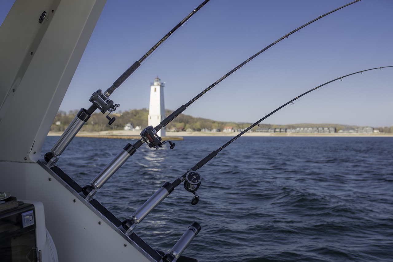 Fishing poles mounted on boat overlooking water