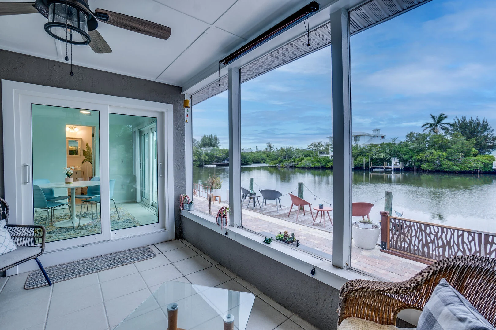 Modern waterfront home interior with multiple views