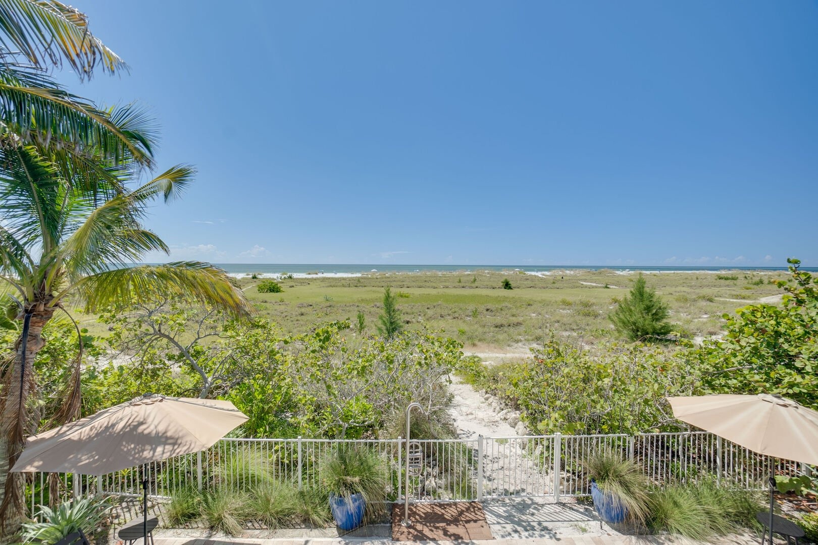 Palm trees and sandy beach view from residential deck