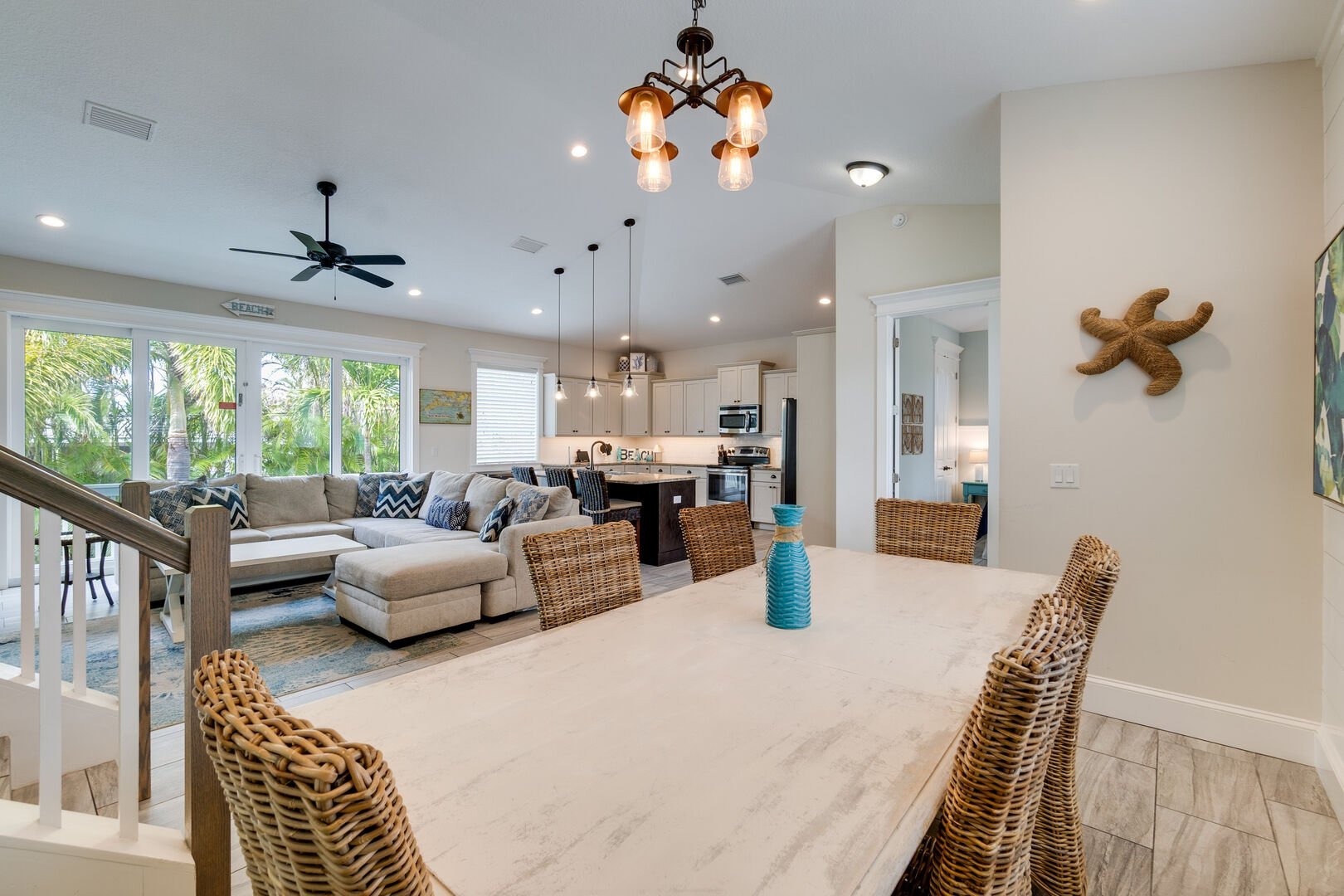 Open concept living area with woven furnishings
