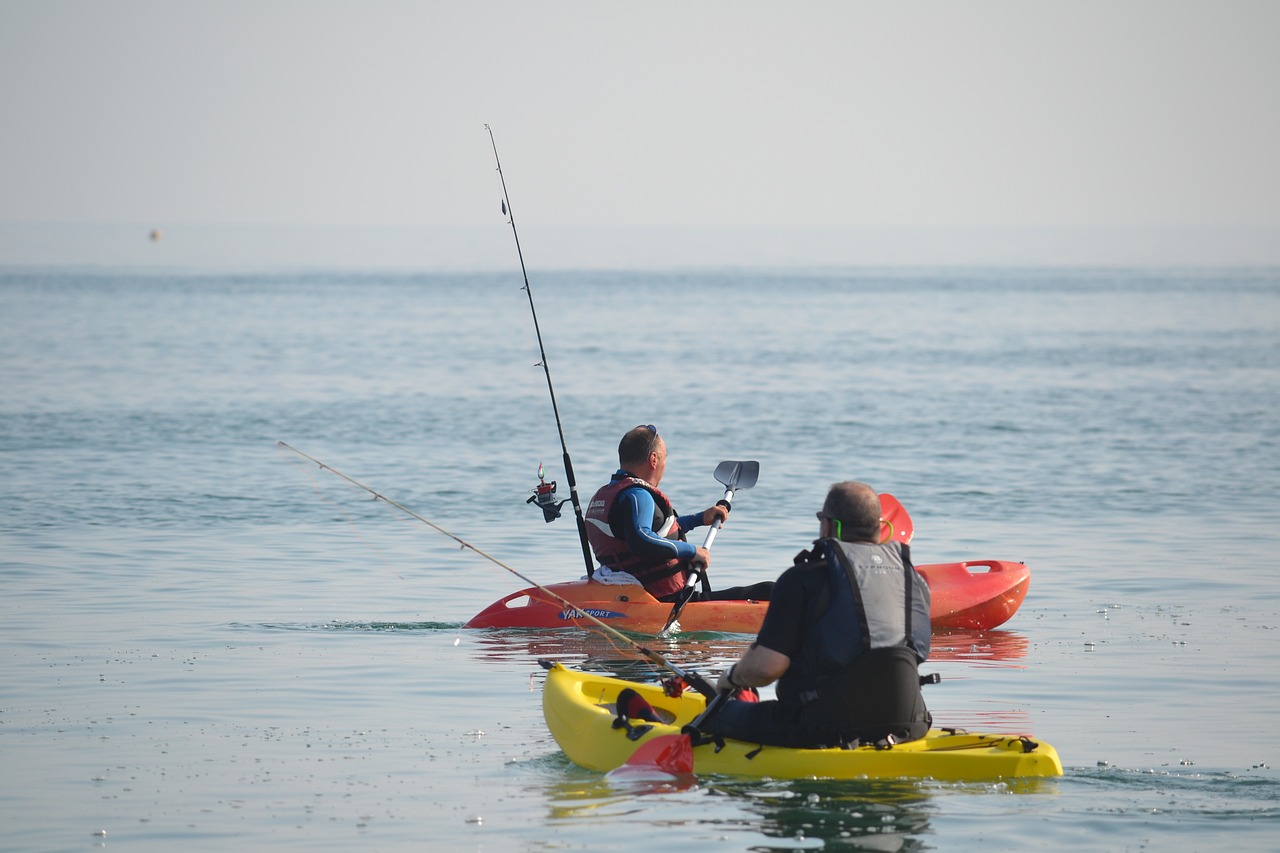 Two people kayaking together in calm bay water