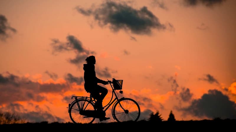 Surfer with bicycle on beach at golden sunset