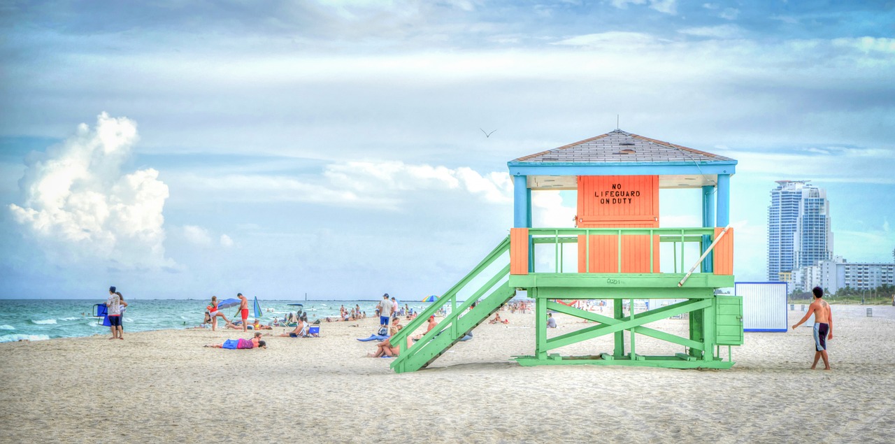 Colorful lifeguard tower on sandy beach